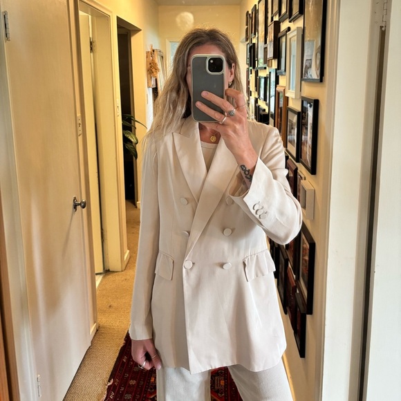 Zara Double Breasted Satin Effect Cream Tan Mink Blazer Suit Jacket Bridal - Picture 5 of 17